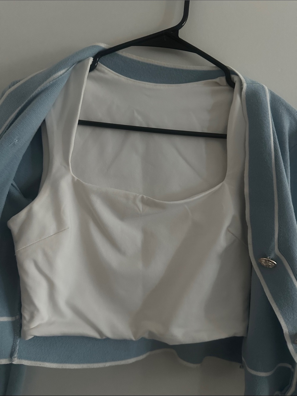 Light Blue Contrast Trim Cropped Cardigan Sweater With Square Neck WhiteCrop Top - Picture 5 of 5